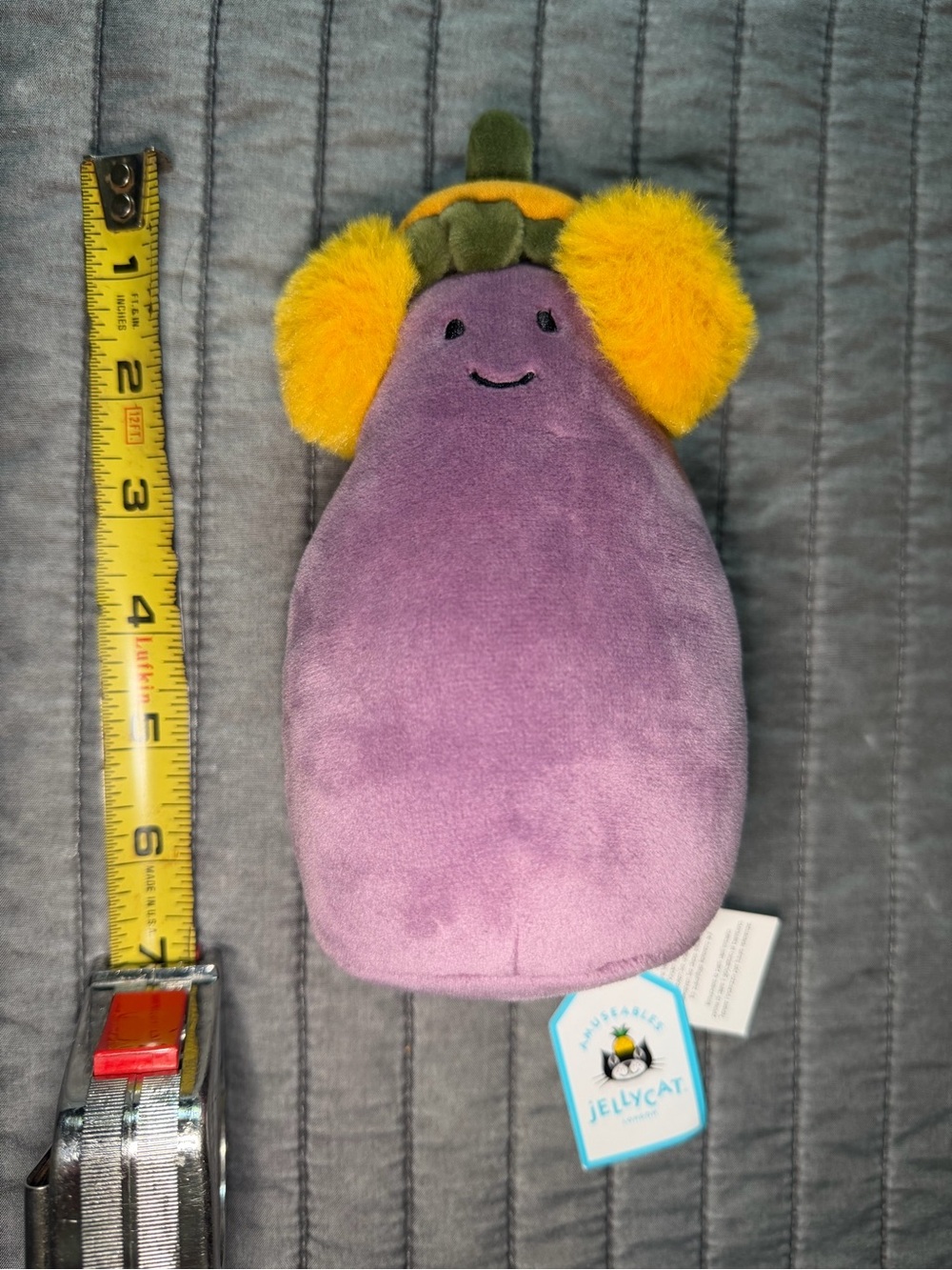 Collectible Jellycat Purple Eggplant Plush with Yellow Pom Earmuffs NWT - Picture 6 of 9